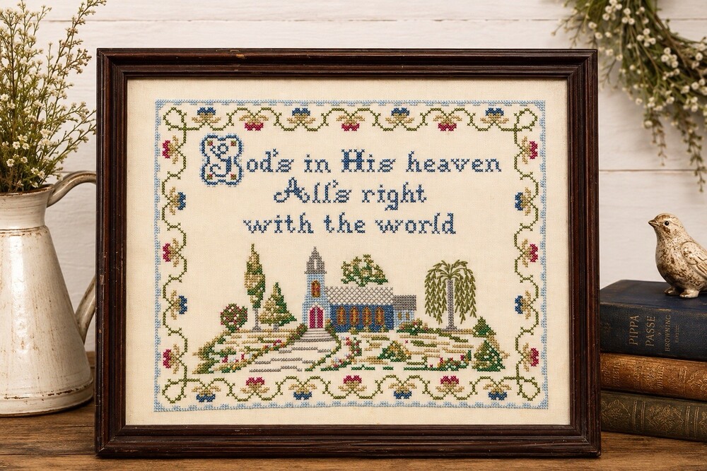 Handmade Framed Cross Stitch Sampler "God's in His heaven All's right..."